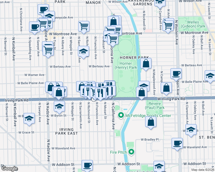 map of restaurants, bars, coffee shops, grocery stores, and more near 4041 North Mozart Street in Chicago