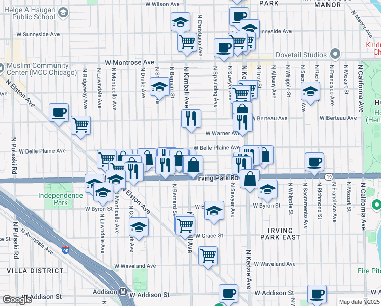 map of restaurants, bars, coffee shops, grocery stores, and more near 3350 West Cuyler Avenue in Chicago