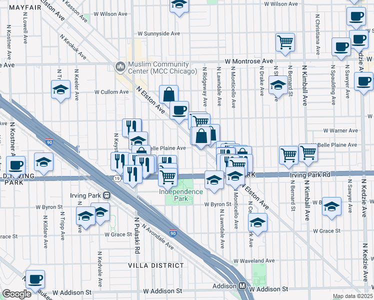 map of restaurants, bars, coffee shops, grocery stores, and more near 4040 North Hamlin Avenue in Chicago