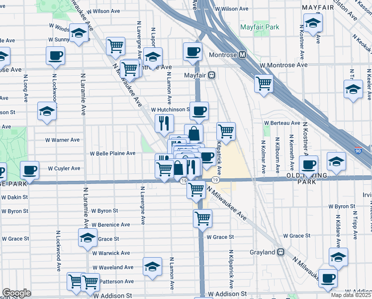 map of restaurants, bars, coffee shops, grocery stores, and more near 4831 West Belle Plaine Avenue in Chicago