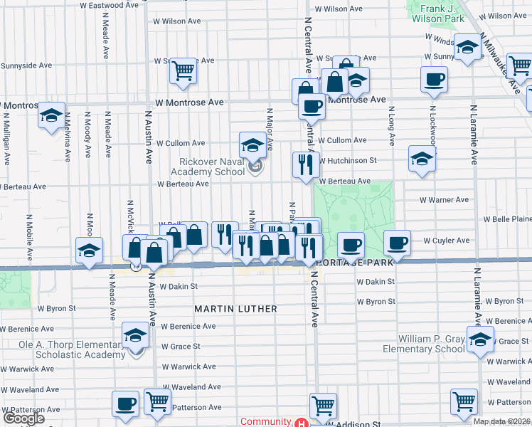 map of restaurants, bars, coffee shops, grocery stores, and more near 4101 North Major Avenue in Chicago