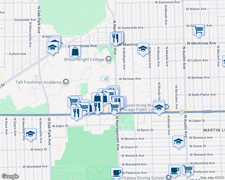 map of restaurants, bars, coffee shops, grocery stores, and more near 4106 North Narragansett Avenue in Chicago