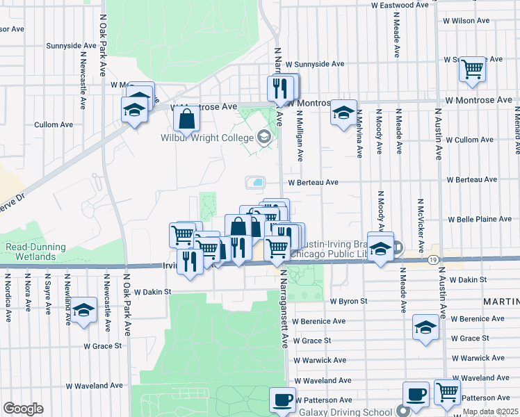 map of restaurants, bars, coffee shops, grocery stores, and more near 4106 North Narragansett Avenue in Chicago