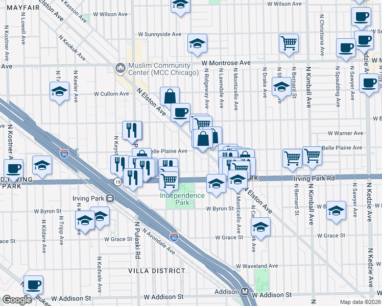 map of restaurants, bars, coffee shops, grocery stores, and more near 3801 West Belle Plaine Avenue in Chicago
