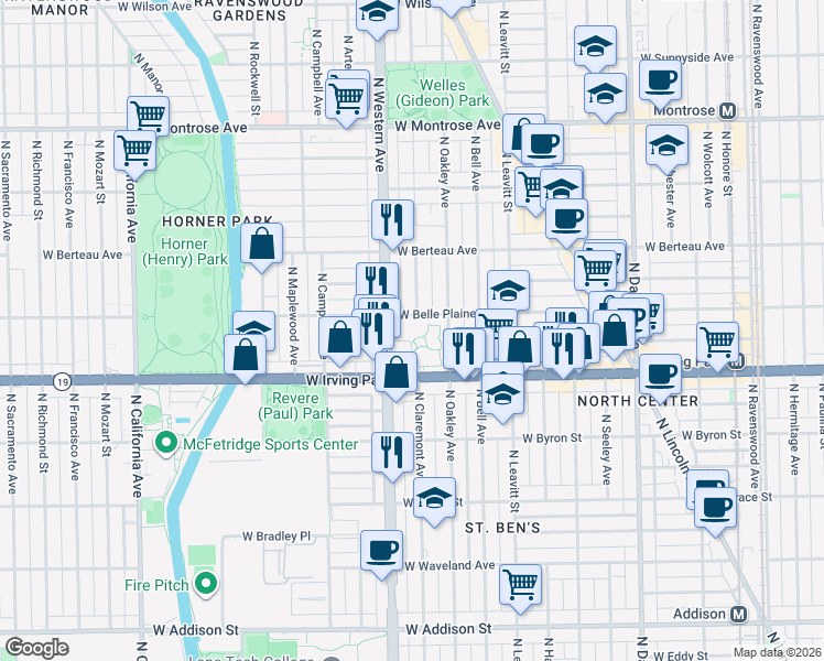 map of restaurants, bars, coffee shops, grocery stores, and more near 2335 West Belle Plaine Avenue in Chicago