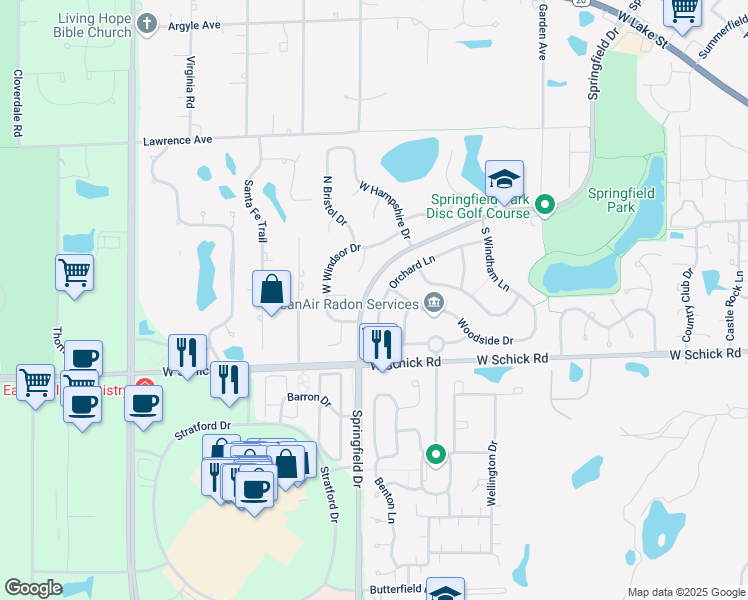 map of restaurants, bars, coffee shops, grocery stores, and more near 351 Orchard Lane in Bloomingdale