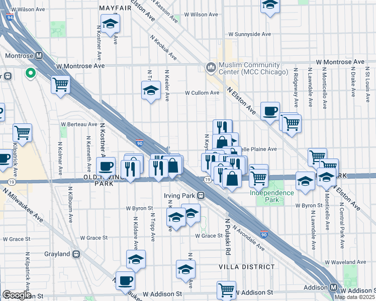 map of restaurants, bars, coffee shops, grocery stores, and more near West Belle Plaine Avenue & North Kedvale Avenue in Chicago