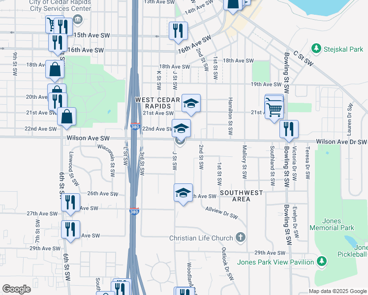 map of restaurants, bars, coffee shops, grocery stores, and more near 2301 J Street Southwest in Cedar Rapids