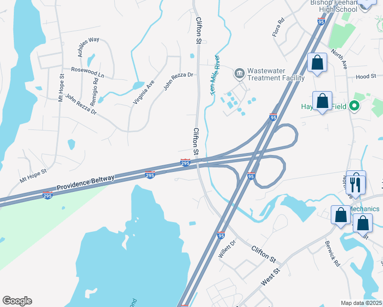 map of restaurants, bars, coffee shops, grocery stores, and more near 272 Clifton Street in Attleboro