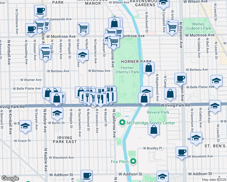 map of restaurants, bars, coffee shops, grocery stores, and more near 4041 North Mozart Street in Chicago