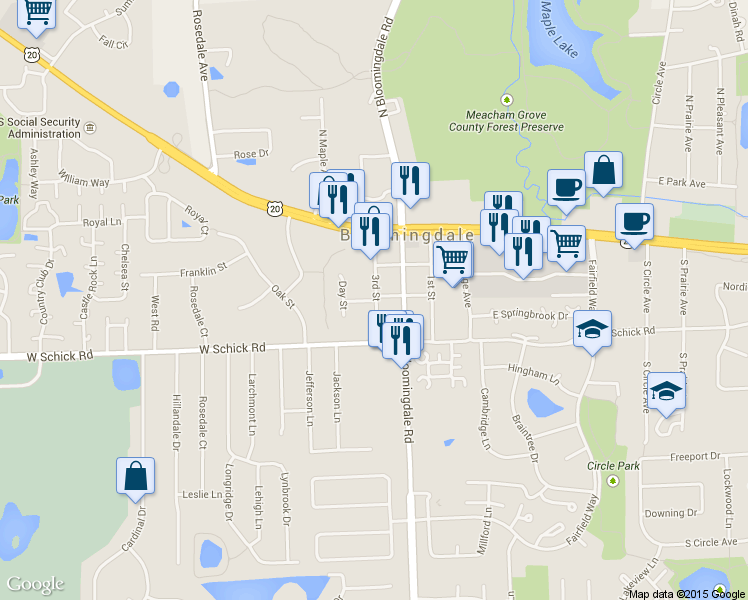 map of restaurants, bars, coffee shops, grocery stores, and more near 119 West Washington Street in Bloomingdale