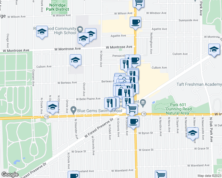 map of restaurants, bars, coffee shops, grocery stores, and more near 4121 North Odell Avenue in Norridge