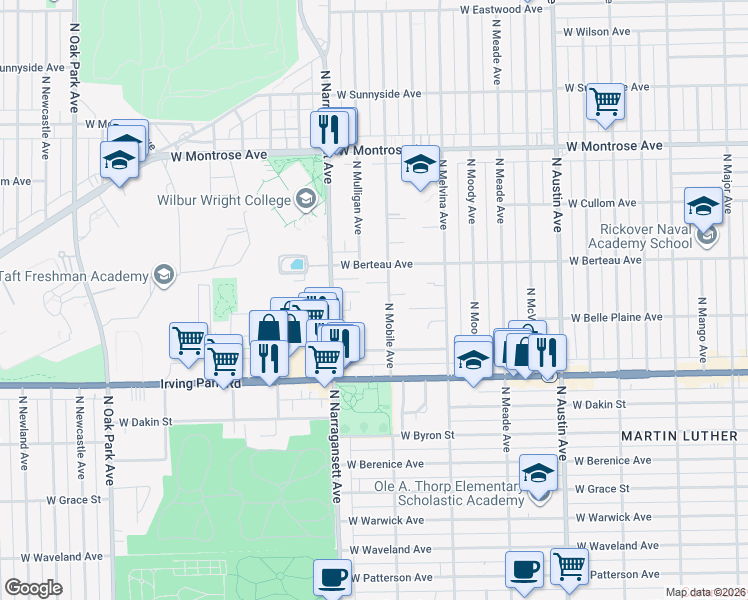 map of restaurants, bars, coffee shops, grocery stores, and more near 4106 North Mobile Avenue in Chicago