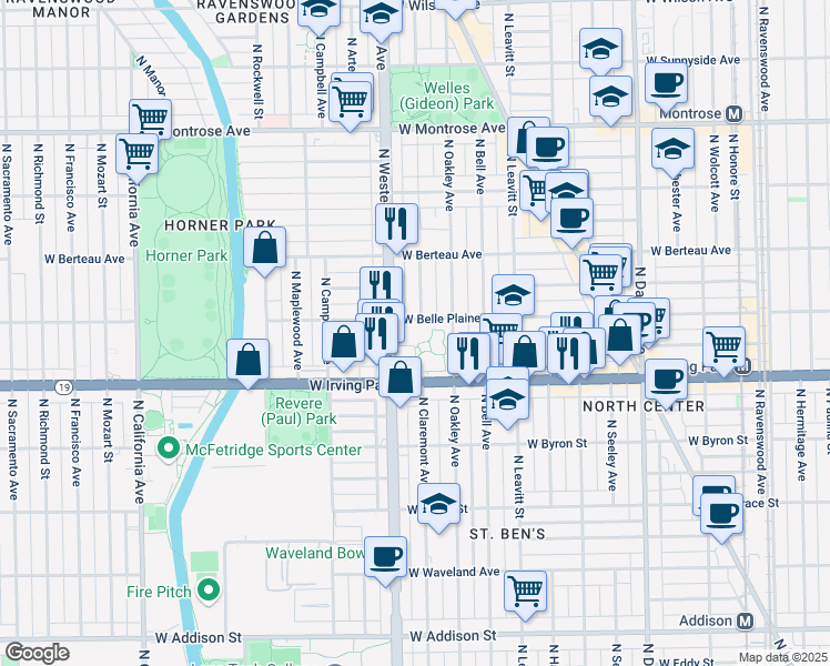 map of restaurants, bars, coffee shops, grocery stores, and more near 2328 Irving Park Road in Chicago