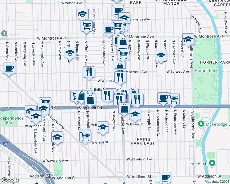 map of restaurants, bars, coffee shops, grocery stores, and more near 4034 North Sawyer Avenue in Chicago