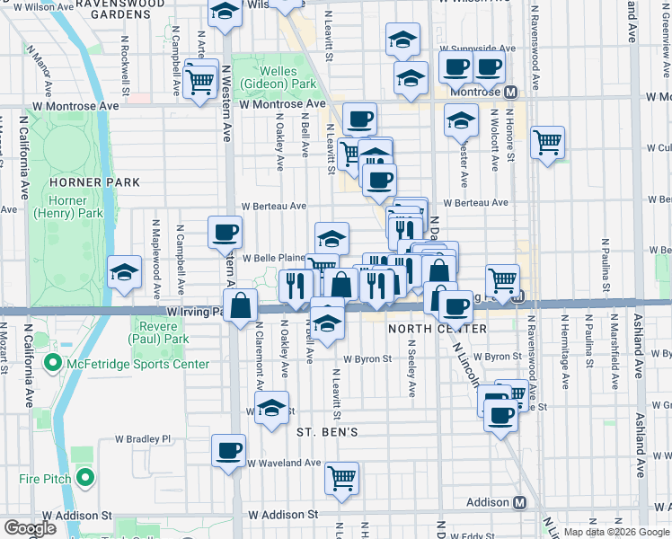 map of restaurants, bars, coffee shops, grocery stores, and more near 4001 North Leavitt Street in Chicago