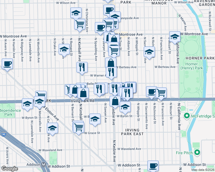 map of restaurants, bars, coffee shops, grocery stores, and more near 3211 West Belle Plaine Avenue in Chicago