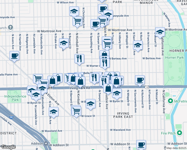 map of restaurants, bars, coffee shops, grocery stores, and more near 3308 West Cuyler Avenue in Chicago