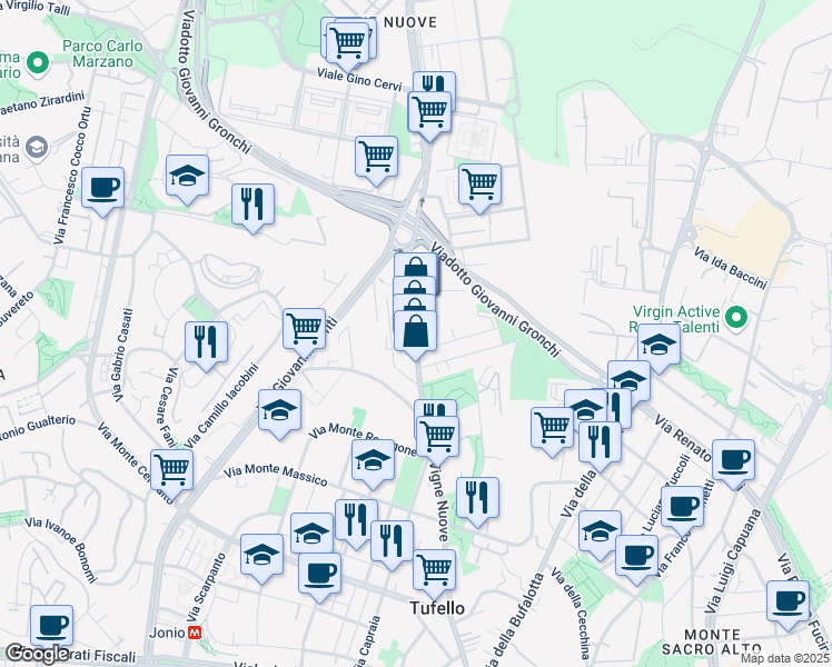 map of restaurants, bars, coffee shops, grocery stores, and more near 420 Via delle Vigne Nuove in Roma