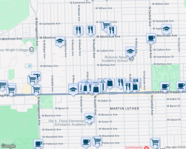 map of restaurants, bars, coffee shops, grocery stores, and more near 4118 North Austin Avenue in Chicago