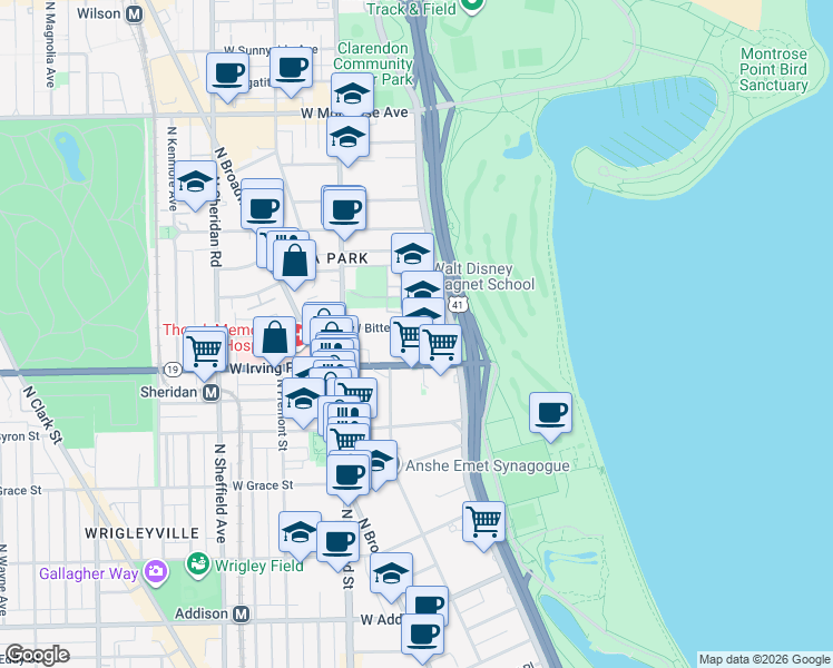map of restaurants, bars, coffee shops, grocery stores, and more near 640 West Irving Park Road in Chicago