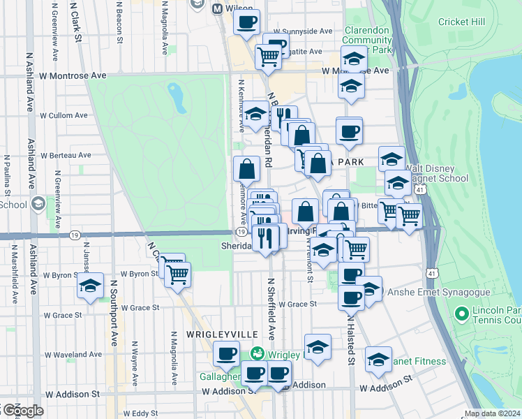 map of restaurants, bars, coffee shops, grocery stores, and more near 4011 North Kenmore Avenue in Chicago