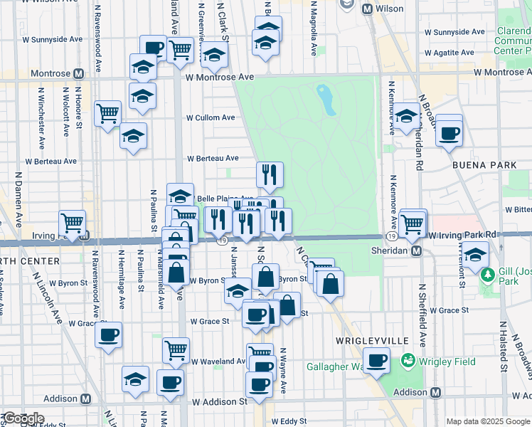 map of restaurants, bars, coffee shops, grocery stores, and more near 1401 West Cuyler Avenue in Chicago