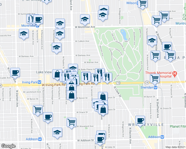 map of restaurants, bars, coffee shops, grocery stores, and more near 1443W West Cuyler Avenue in Chicago