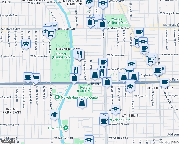 map of restaurants, bars, coffee shops, grocery stores, and more near 4030 North Campbell Avenue in Chicago