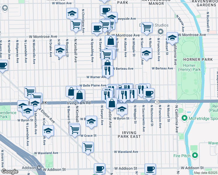 map of restaurants, bars, coffee shops, grocery stores, and more near 4027 North Kedzie Avenue in Chicago