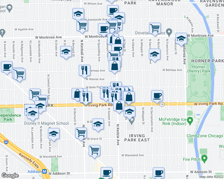map of restaurants, bars, coffee shops, grocery stores, and more near 4034 North Sawyer Avenue in Chicago