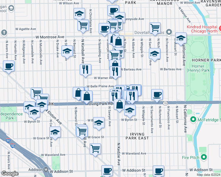 map of restaurants, bars, coffee shops, grocery stores, and more near 4034 North Sawyer Avenue in Chicago