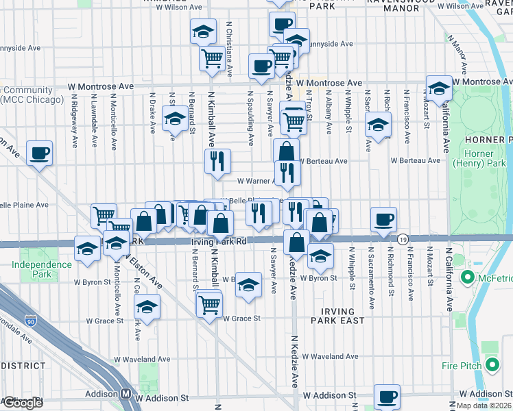 map of restaurants, bars, coffee shops, grocery stores, and more near 3308 West Cuyler Avenue in Chicago