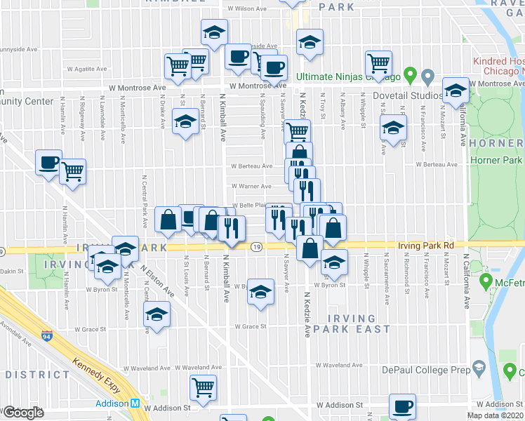 map of restaurants, bars, coffee shops, grocery stores, and more near 3308 West Cuyler Avenue in Chicago