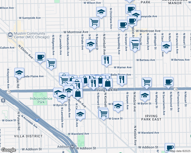 map of restaurants, bars, coffee shops, grocery stores, and more near 4035 North Bernard Street in Chicago