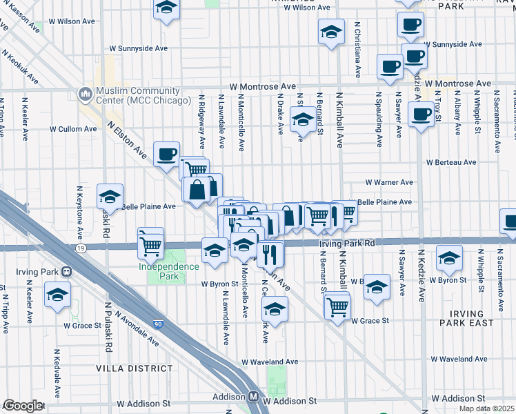map of restaurants, bars, coffee shops, grocery stores, and more near 4039 North Monticello Avenue in Chicago