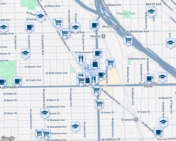 map of restaurants, bars, coffee shops, grocery stores, and more near 4831 West Belle Plaine Avenue in Chicago