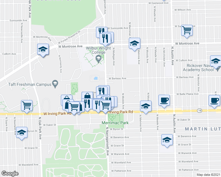 map of restaurants, bars, coffee shops, grocery stores, and more near 4109 North Narragansett Avenue in Chicago