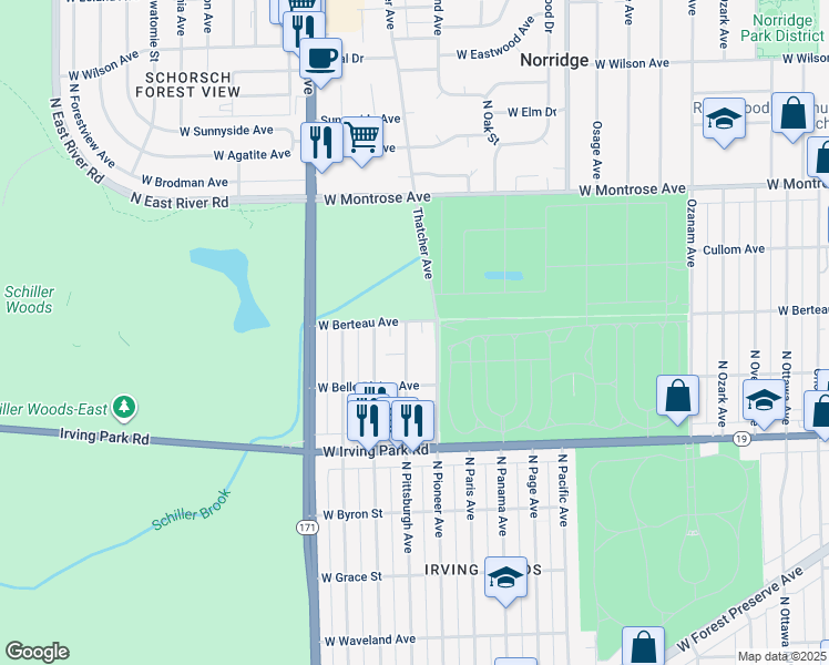 map of restaurants, bars, coffee shops, grocery stores, and more near 4133 North Pittsburgh Avenue in Chicago