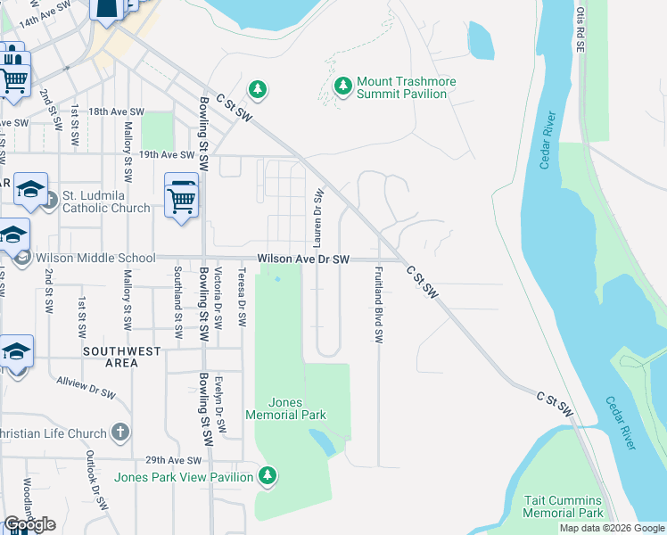 map of restaurants, bars, coffee shops, grocery stores, and more near 2324 Deborah Drive Southwest in Cedar Rapids