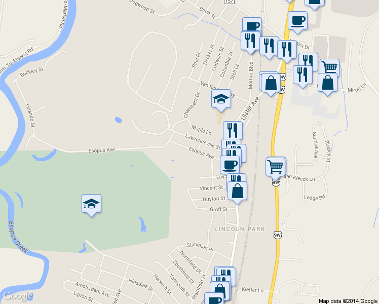 map of restaurants, bars, coffee shops, grocery stores, and more near 73 Esopus Avenue in Kingston