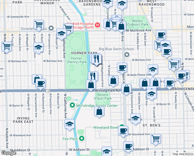 map of restaurants, bars, coffee shops, grocery stores, and more near 4045 North Rockwell Street in Chicago