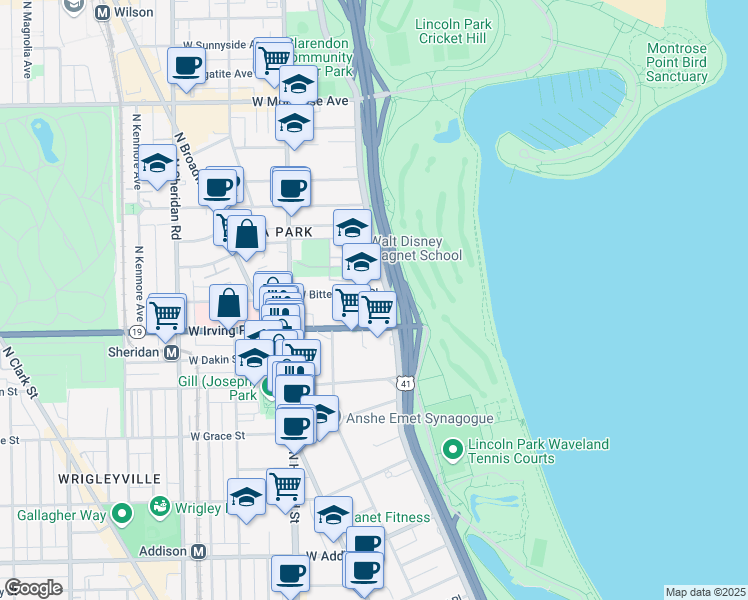 map of restaurants, bars, coffee shops, grocery stores, and more near 613 West Bittersweet Place in Chicago