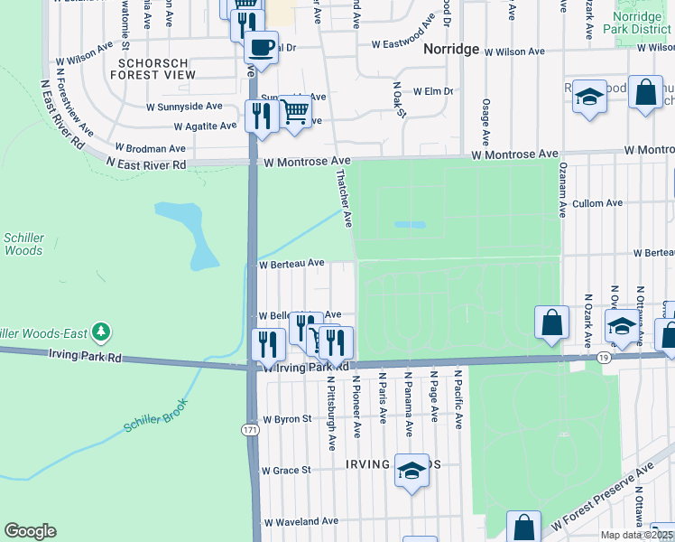 map of restaurants, bars, coffee shops, grocery stores, and more near 4133 North Pittsburgh Avenue in Chicago