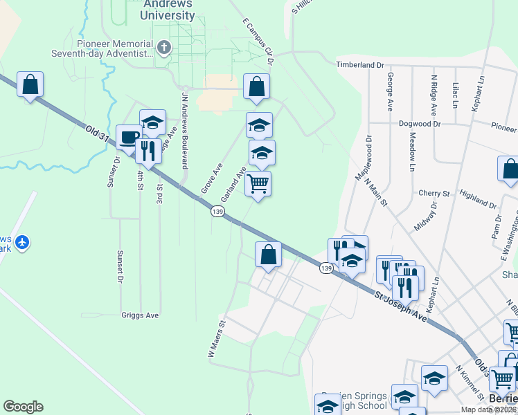 map of restaurants, bars, coffee shops, grocery stores, and more near 9091 Old 31 in Berrien Springs