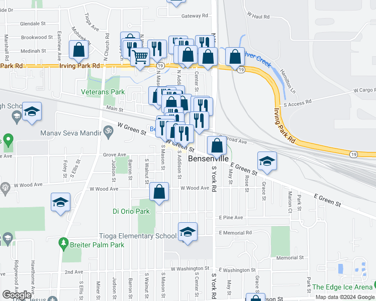 map of restaurants, bars, coffee shops, grocery stores, and more near 114 West Green Street in Bensenville