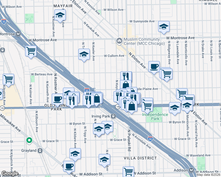 map of restaurants, bars, coffee shops, grocery stores, and more near 4045 North Kedvale Avenue in Chicago