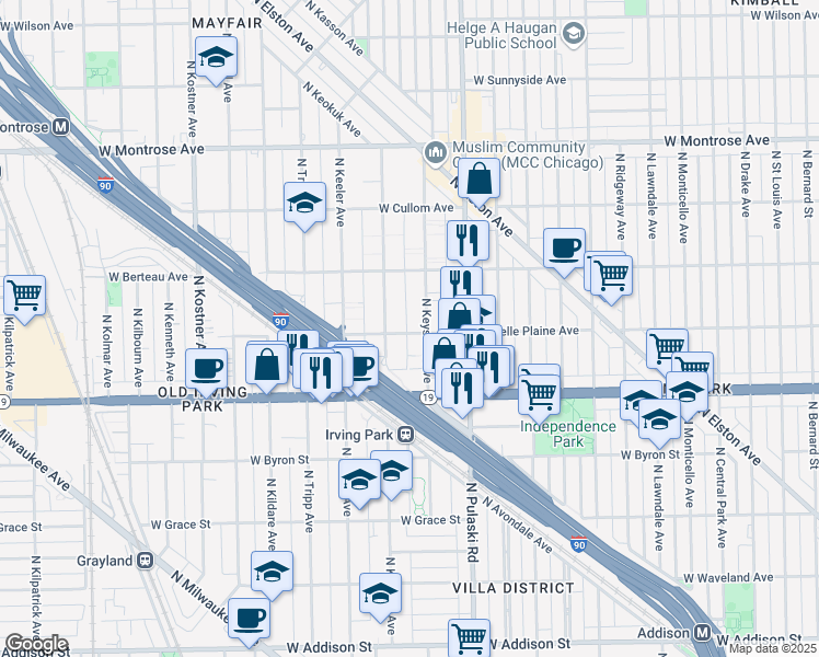 map of restaurants, bars, coffee shops, grocery stores, and more near 4100 North Keystone Avenue in Chicago