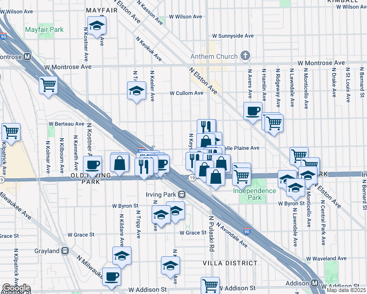 map of restaurants, bars, coffee shops, grocery stores, and more near 4100 North Keystone Avenue in Chicago
