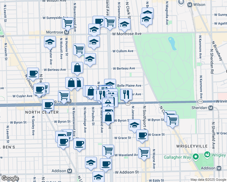 map of restaurants, bars, coffee shops, grocery stores, and more near 4020 North Ashland Avenue in Chicago